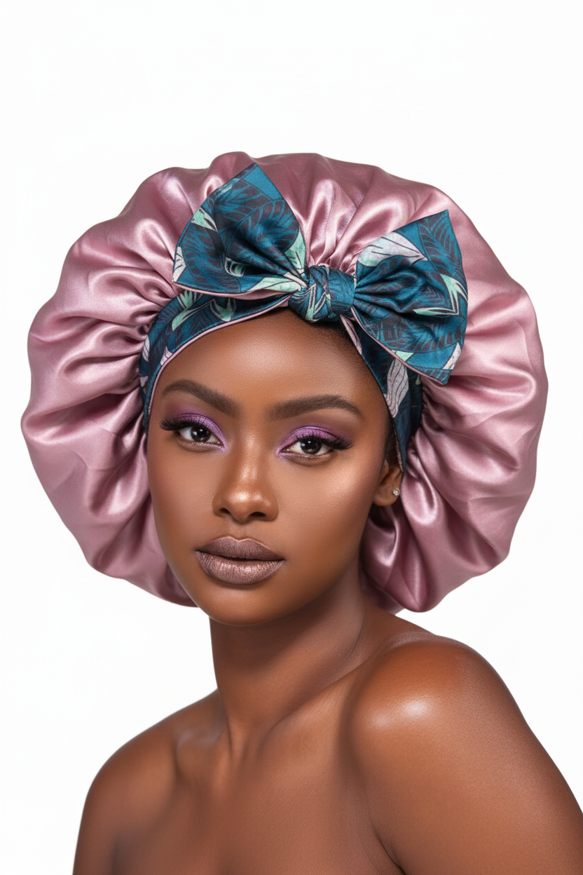 Model wearing Rasheda Reversible Bonnet solid pink side