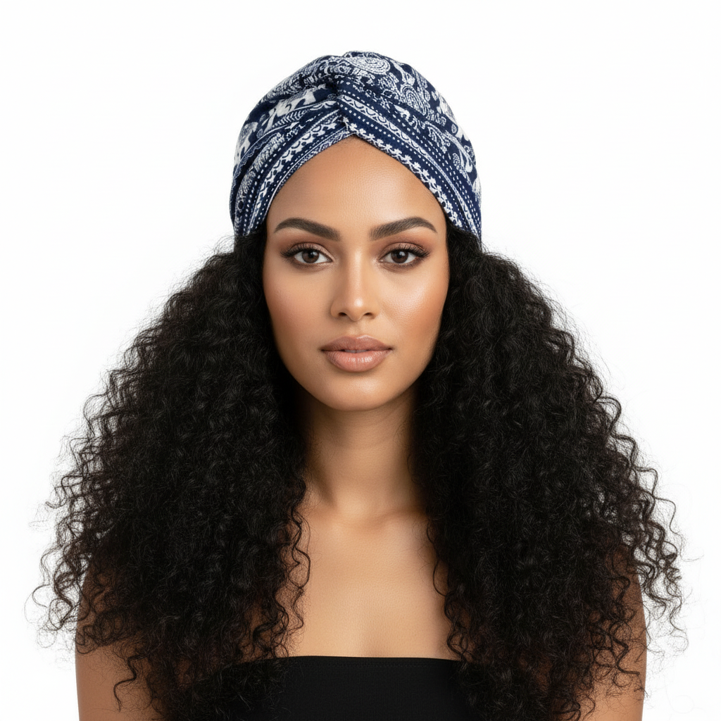Model with curly hair showcasing navy paisley headwrap