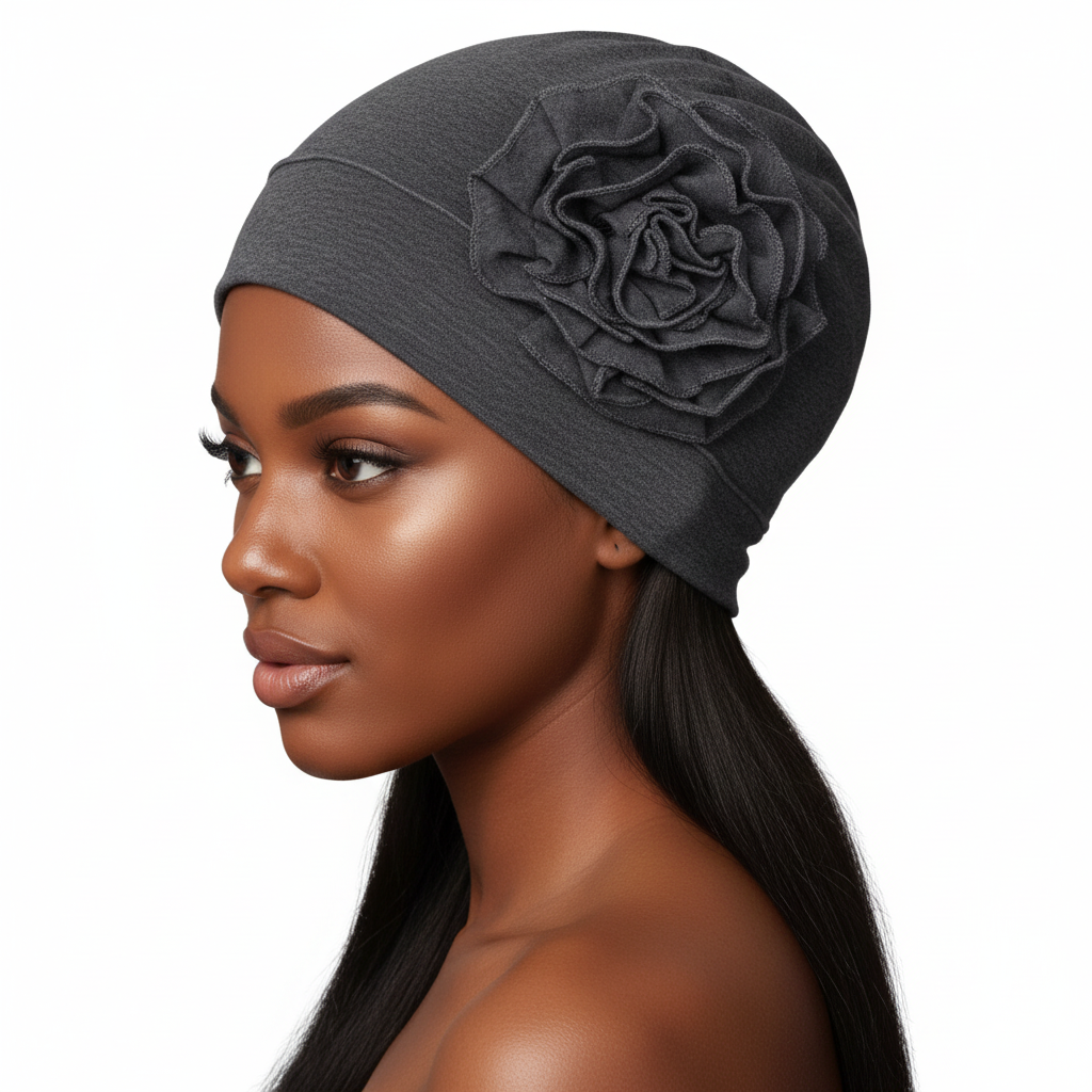 Model with long hair showcasing charcoal grey bonnet