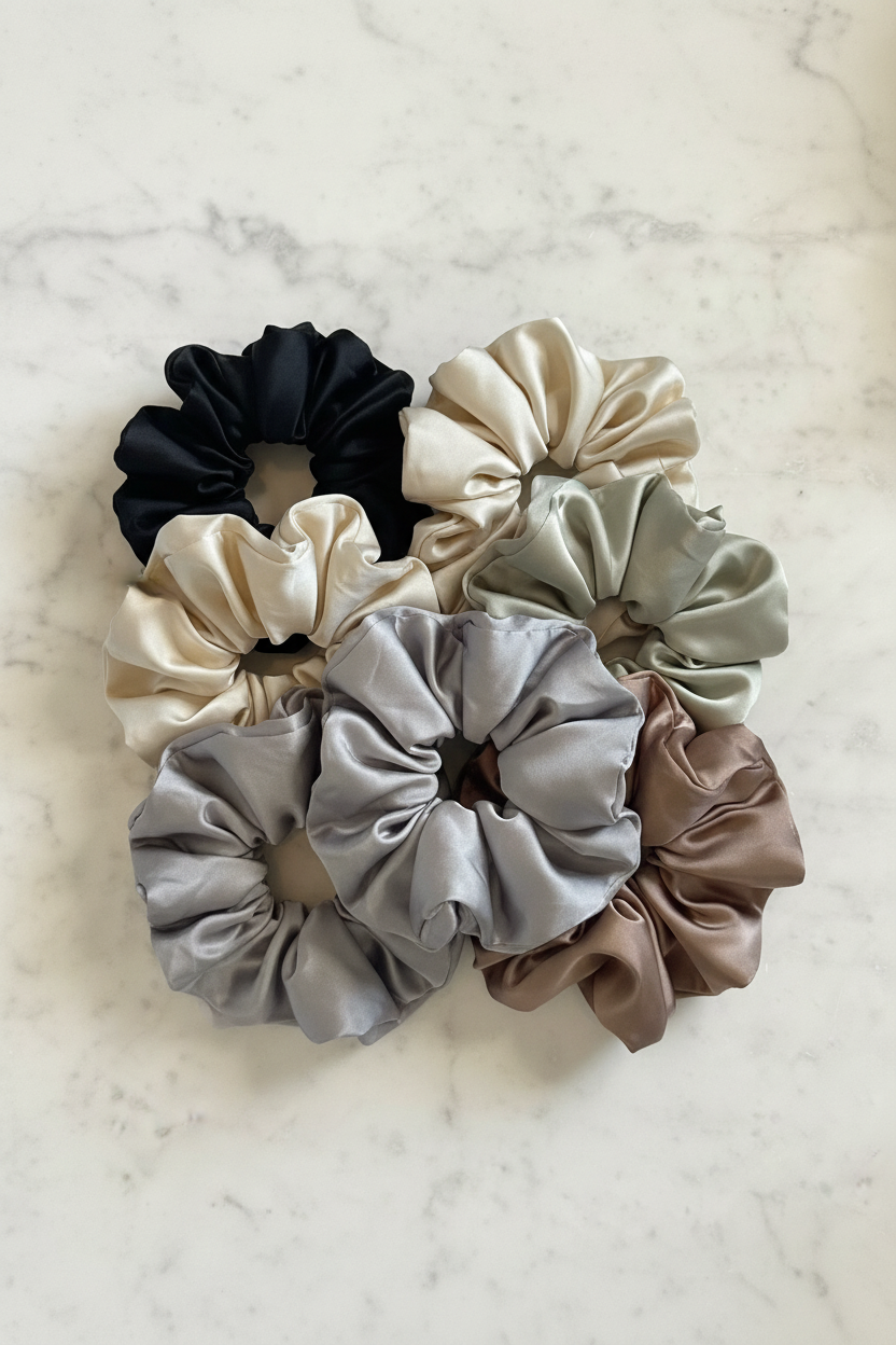 Morgan Silk Scrunchies editorial flat lay on marble
