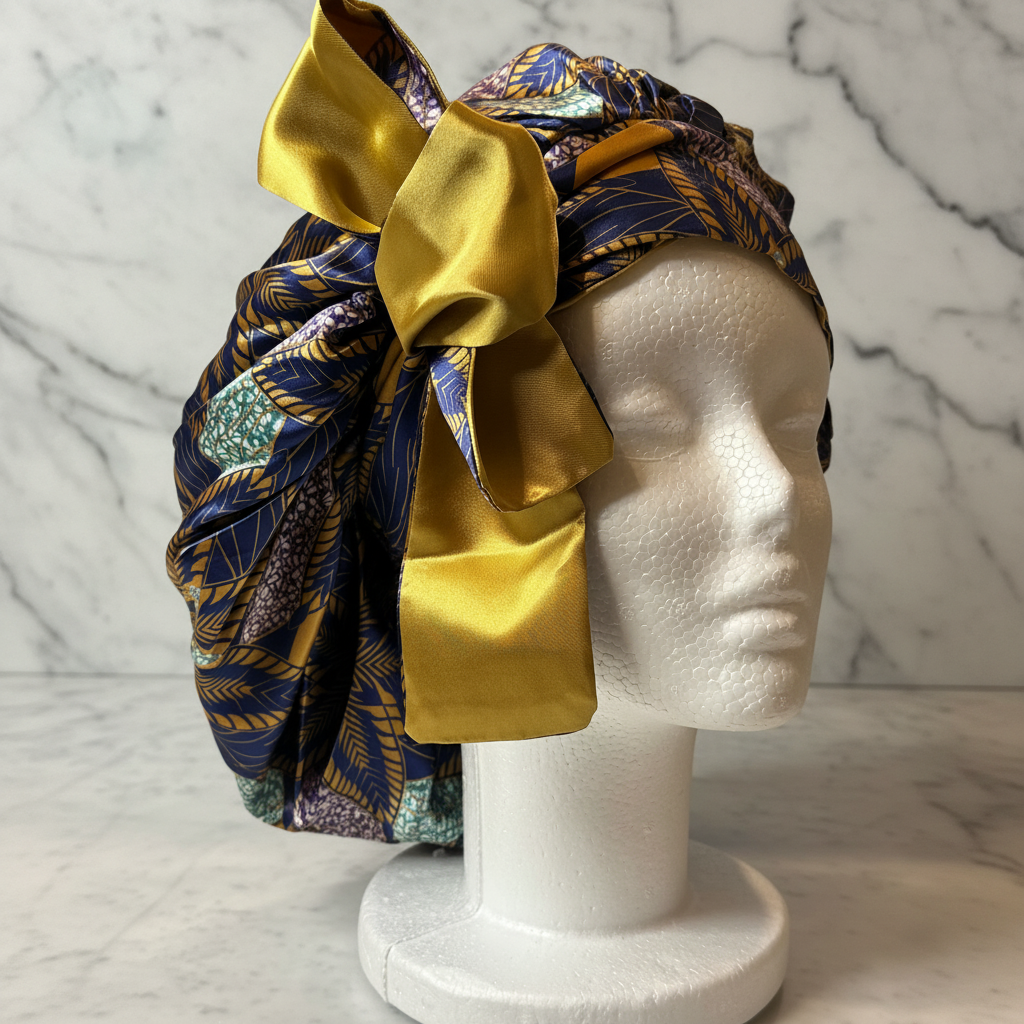 Navy African Print Bonnet Side - Marble Background