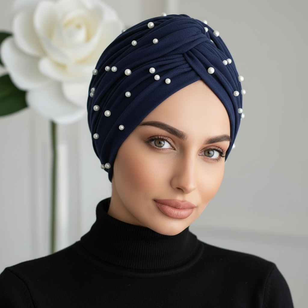 Navy Blue Cotton Jersey Pearl Headwrap - Lifestyle