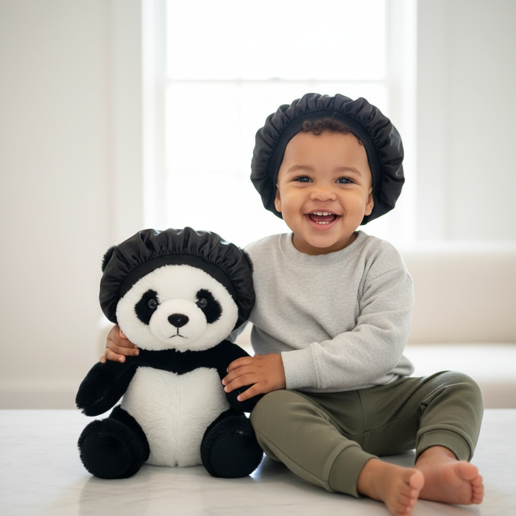 Panda Bear and Toddler with Matching Black Bonnets