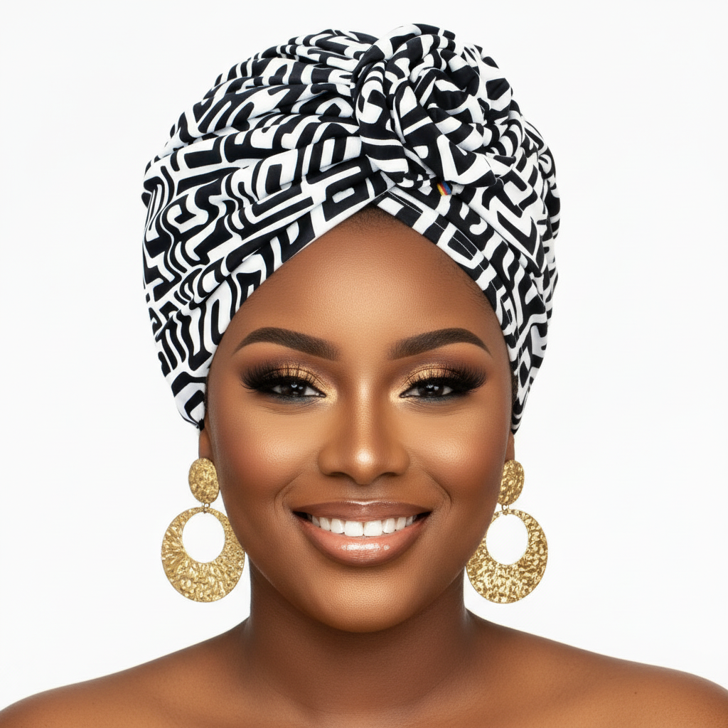 Plus-size model with geometric headwrap