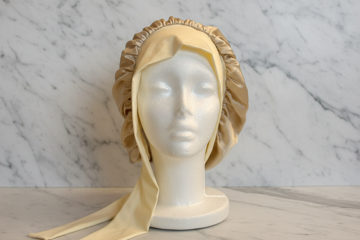 Raven Ribbon Silk Bonnet - Champagne Front