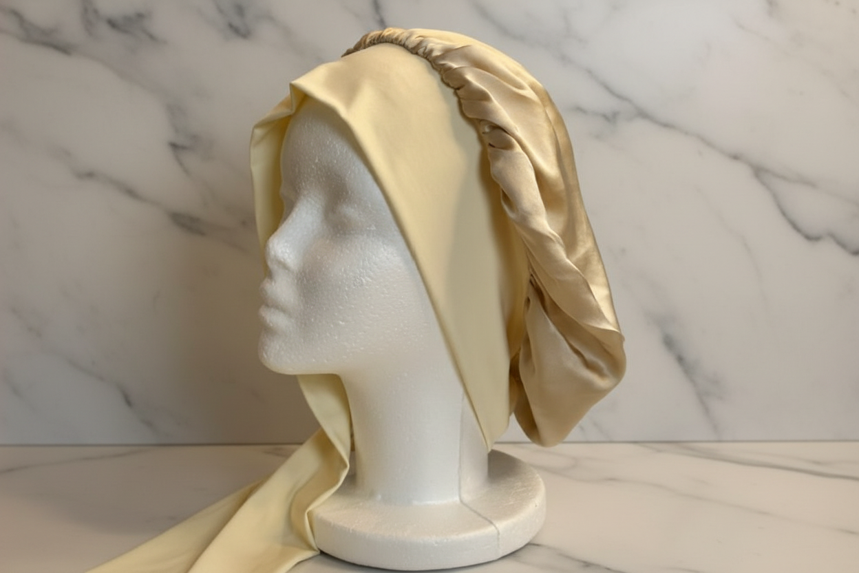 Raven Ribbon Silk Bonnet - Champagne Side Twist