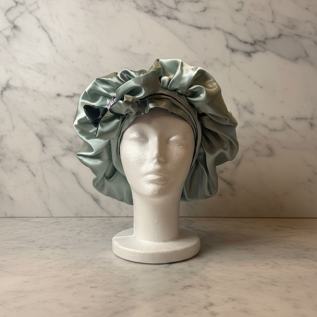 Sage Green Satin Bonnet - Marble Background