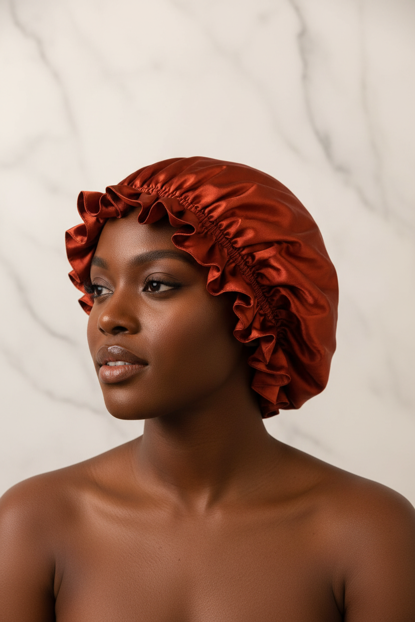 Scarlet Mary Jane Silk Bonnet Hero Shot with Ruffle Detail