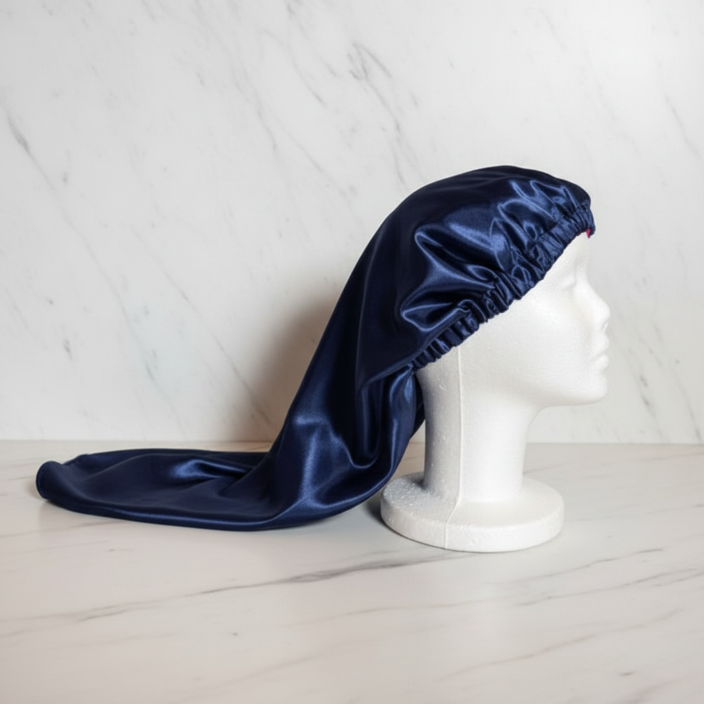 Sheena Long Silk Bonnet - Navy Blue Full Length