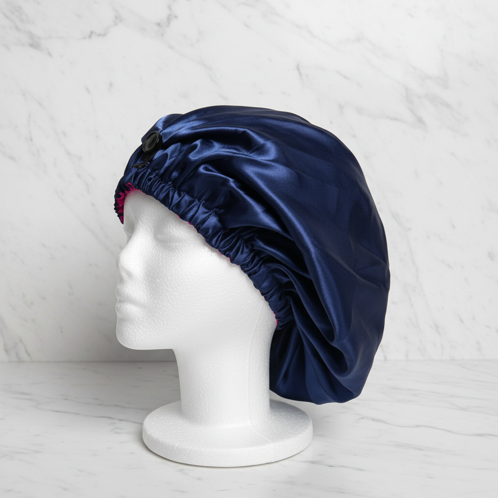 Sheena Long Silk Bonnet - Navy Blue Shortened