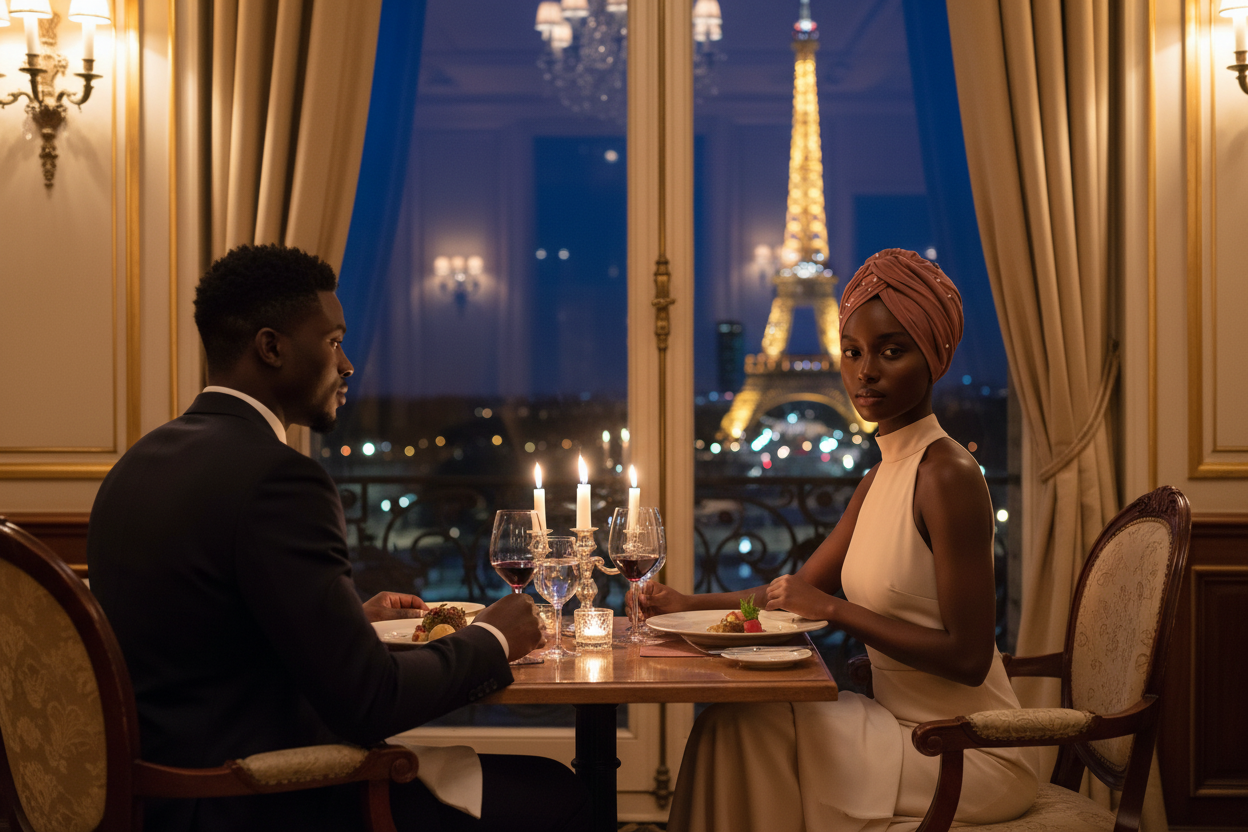 Woman facing camera in dusty pink pearl headwrap at Paris restaurant
