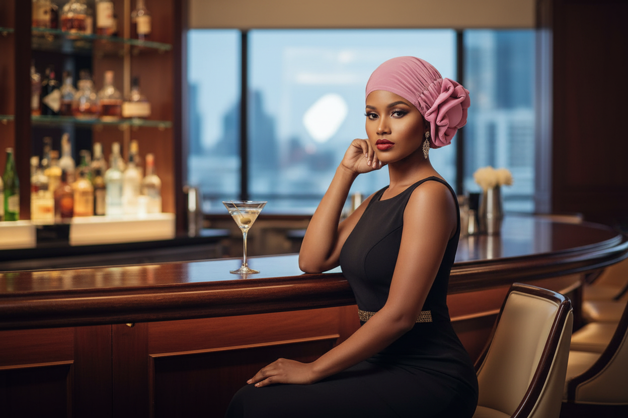 Woman in dusty rose bloom headwrap at hotel bar with martini