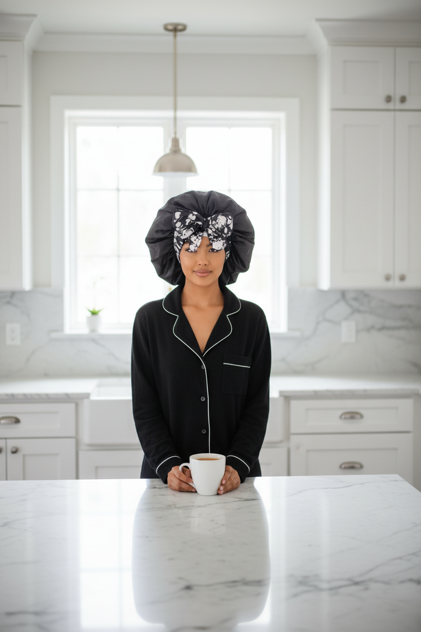 Woman in kitchen wearing floral bonnet
