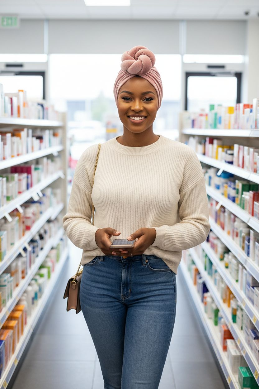 Woman in pharmacy wearing dusty pink headwrap