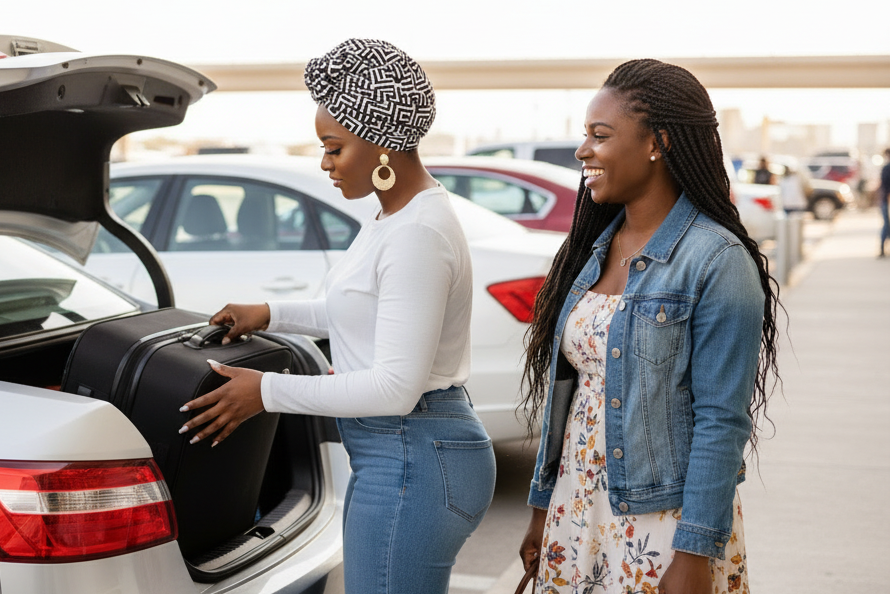 Woman loading friend's luggage in trunk at airport