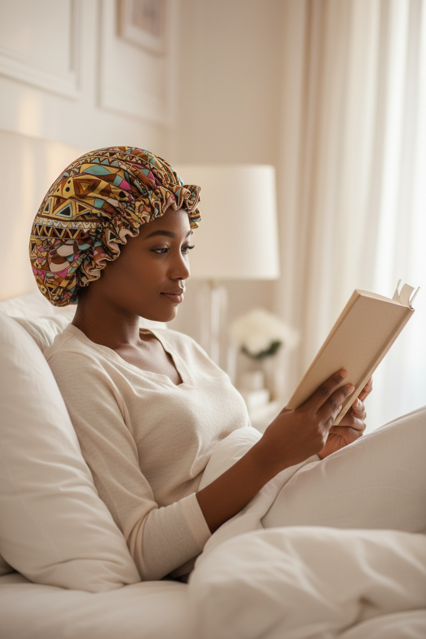 Woman reading in bed wearing geometric bonnet