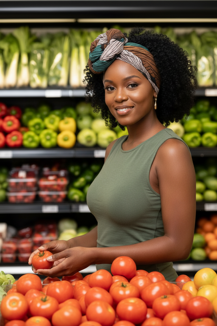 Woman shopping for tomatoes wearing braided headwrap